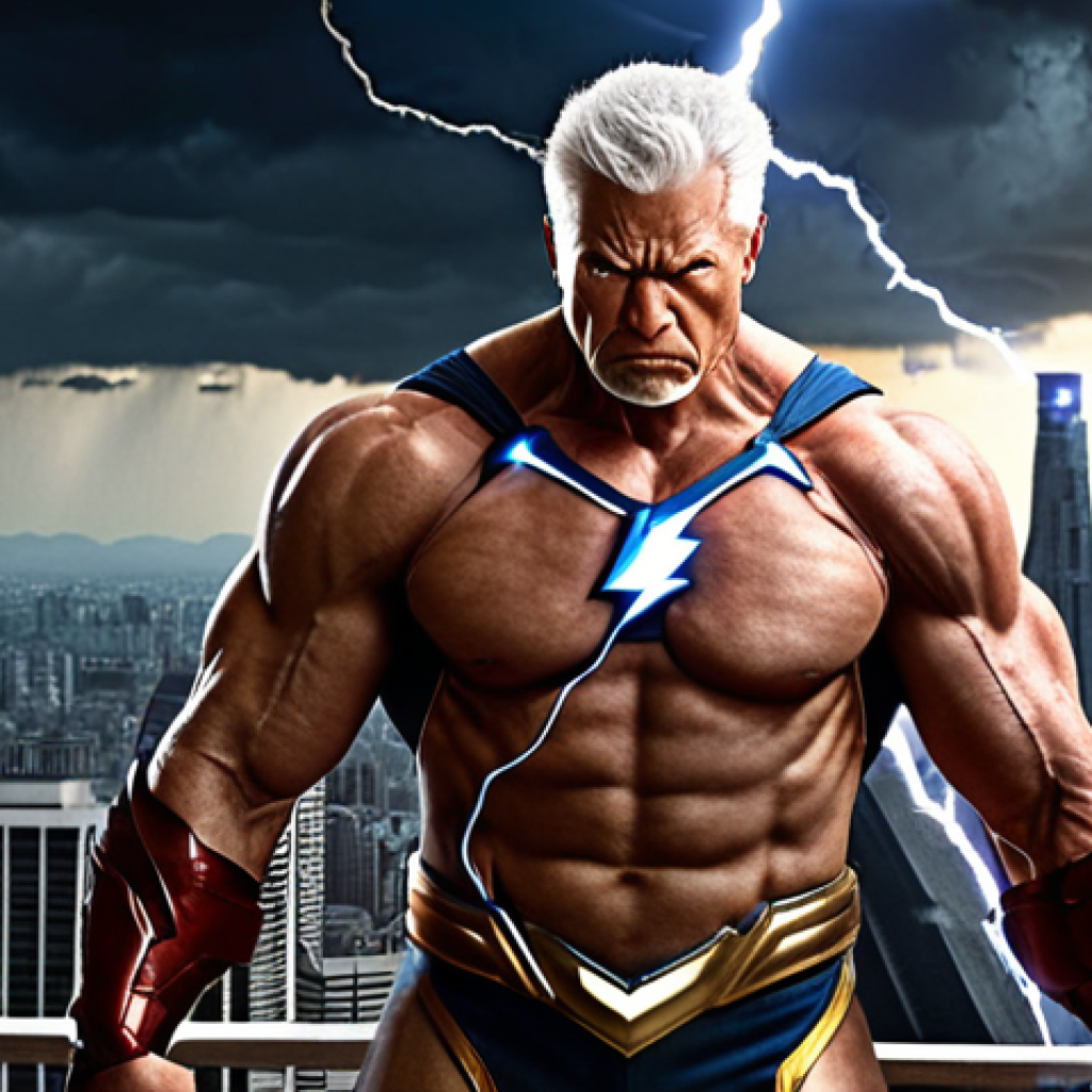 **

"An older, muscular superhero, Pahlawan Kilat (Lightning Warrior), with a serious expression, radiating electric power, standing protectively in front of a cityscape, hinting at a dark past."

**