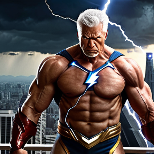 Home 1 **
"An older, muscular superhero, Pahlawan Kilat (Lightning Warrior), with a serious expression, radiating electric power, standing protectively in front of a cityscape, hinting at a dark past."
**