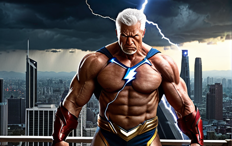 **
"An older, muscular superhero, Pahlawan Kilat (Lightning Warrior), with a serious expression, radiating electric power, standing protectively in front of a cityscape, hinting at a dark past."
**