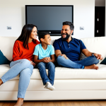 A diverse family of four (two parents and two children, aged approximately 8 and 12) sitting comfortably on a spacious sofa in a brightly lit, modern living room. All subjects are fully clothed in modest, comfortable casual attire suitable for home. A large, high-definition Smart TV is prominent, displaying a vibrant, family-friendly animation scene. The room decor is clean and inviting. perfect anatomy, correct proportions, natural pose, well-formed hands, proper finger count, natural body proportions, professional photography, high quality, safe for work, appropriate content, fully clothed, family-friendly.