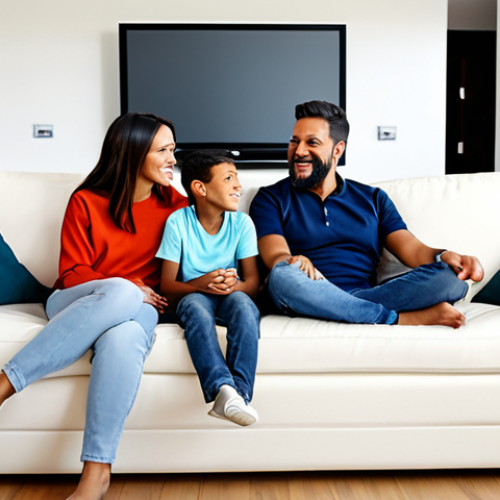 A diverse family of four (two parents and two children, aged approximately 8 and 12) sitting comfortably on a spacious sofa in a brightly lit, modern living room. All subjects are fully clothed in modest, comfortable casual attire suitable for home. A large, high-definition Smart TV is prominent, displaying a vibrant, family-friendly animation scene. The room decor is clean and inviting. perfect anatomy, correct proportions, natural pose, well-formed hands, proper finger count, natural body proportions, professional photography, high quality, safe for work, appropriate content, fully clothed, family-friendly.