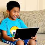 A bright-eyed Malaysian child, approximately 7 years old, sitting comfortably on a soft sofa, completely engrossed in watching an animated show on a tablet screen. The child's face shows an expression of joyful understanding and engagement, with a slight smile. The child is wearing a simple, modest t-shirt and shorts, fully clothed, appropriate attire. The setting is a warmly lit, tidy living room, featuring subtle elements of Malaysian home decor, such as a patterned throw pillow. Professional photography, sharp focus on the child's face, vibrant colours, perfect anatomy, correct proportions, natural pose, well-formed hands, proper finger count, natural body proportions, safe for work, appropriate content, fully clothed, modest clothing, family-friendly.