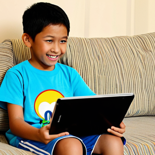A bright-eyed Malaysian child, approximately 7 years old, sitting comfortably on a soft sofa, completely engrossed in watching an animated show on a tablet screen. The child's face shows an expression of joyful understanding and engagement, with a slight smile. The child is wearing a simple, modest t-shirt and shorts, fully clothed, appropriate attire. The setting is a warmly lit, tidy living room, featuring subtle elements of Malaysian home decor, such as a patterned throw pillow. Professional photography, sharp focus on the child's face, vibrant colours, perfect anatomy, correct proportions, natural pose, well-formed hands, proper finger count, natural body proportions, safe for work, appropriate content, fully clothed, modest clothing, family-friendly.