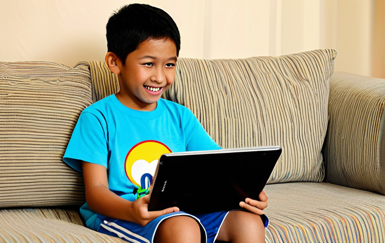 A bright-eyed Malaysian child, approximately 7 years old, sitting comfortably on a soft sofa, completely engrossed in watching an animated show on a tablet screen. The child's face shows an expression of joyful understanding and engagement, with a slight smile. The child is wearing a simple, modest t-shirt and shorts, fully clothed, appropriate attire. The setting is a warmly lit, tidy living room, featuring subtle elements of Malaysian home decor, such as a patterned throw pillow. Professional photography, sharp focus on the child's face, vibrant colours, perfect anatomy, correct proportions, natural pose, well-formed hands, proper finger count, natural body proportions, safe for work, appropriate content, fully clothed, modest clothing, family-friendly.