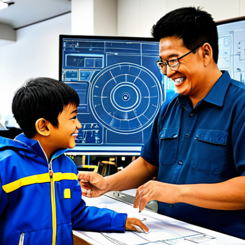 Bangeoman and Bangi**

A vibrant scene featuring Bangeoman, fully clothed in his hero attire, alongside Bangi, a bright and enthusiastic child. They are standing in a high-tech workshop filled with gadgets and tools. Bangi is pointing at a blueprint while Bangeoman looks on with a supportive smile. Background includes various inventions and monitors displaying schematics. Safe for work, appropriate content, fully clothed, family-friendly, perfect anatomy, natural proportions, professional digital art.

**
